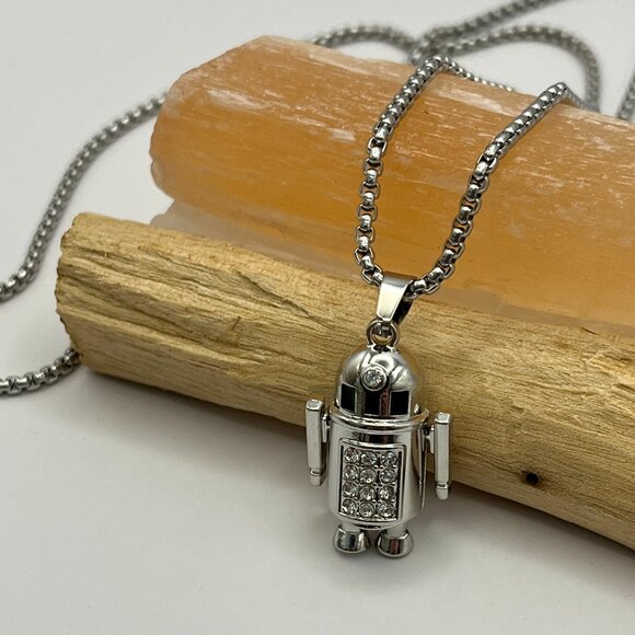 Silver Toned Blingy R2D2 Like Robot Necklace - Movable Arms/Legs - Picture 4 of 5